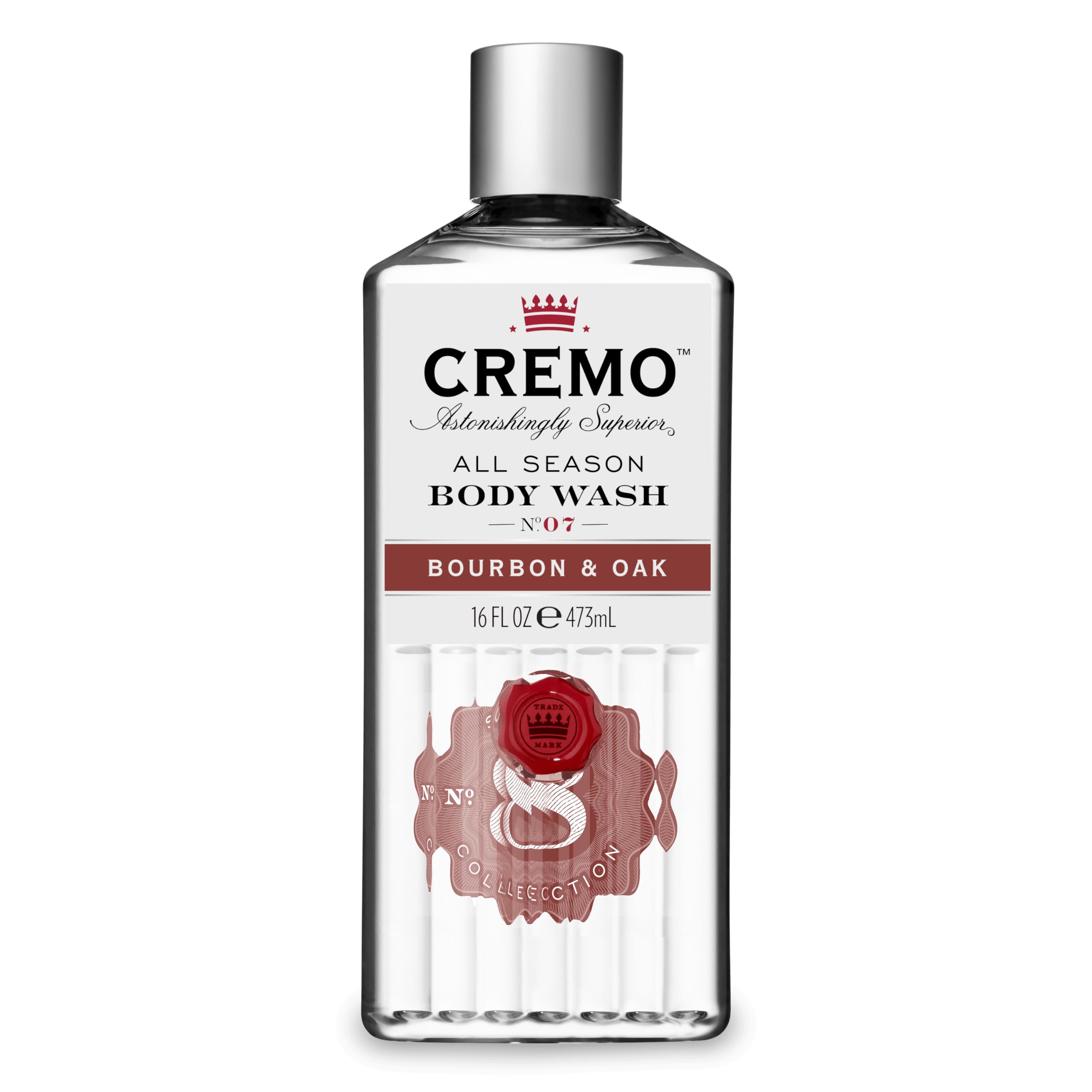 Cremo All Season Bourbon Oak: botella con etiqueta aromática para ducha vigorizante.