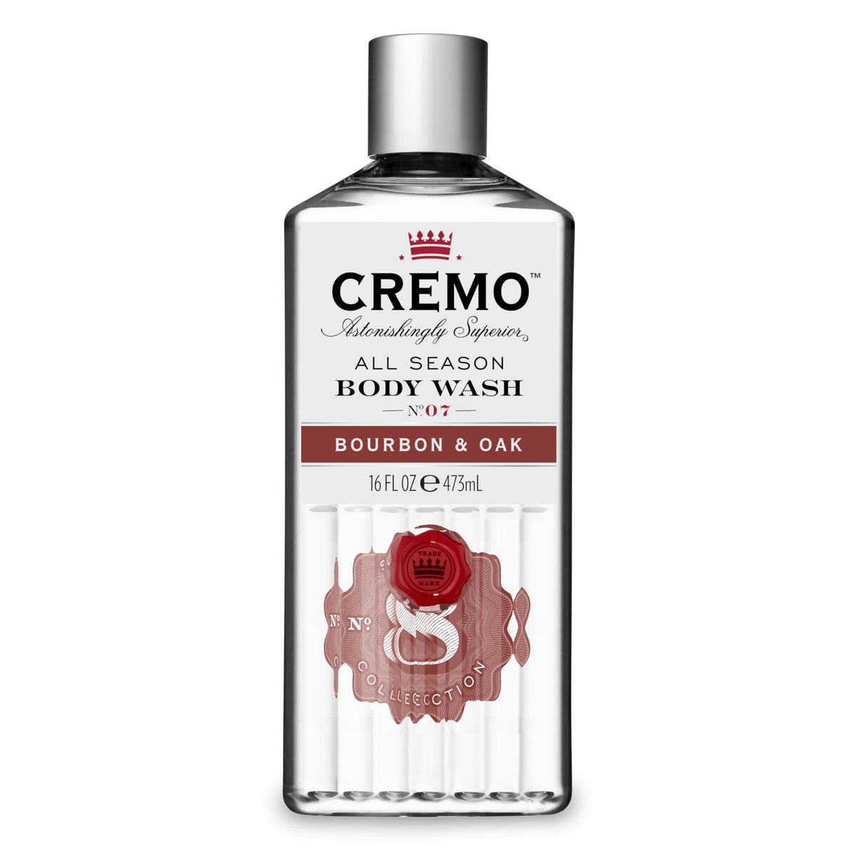 Cremo All Season Bourbon Oak: botella con etiqueta aromática para ducha vigorizante.