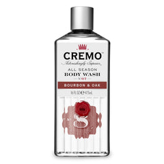 Cremo All Season Bourbon Oak: botella con etiqueta aromática para ducha vigorizante.