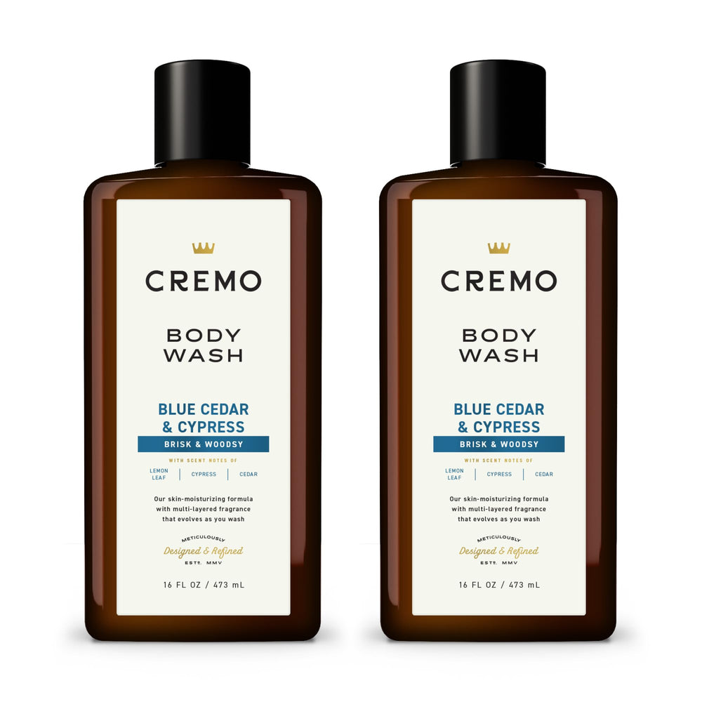 Cremo: botella cedro azul visible, aroma vigorizante para la ducha.