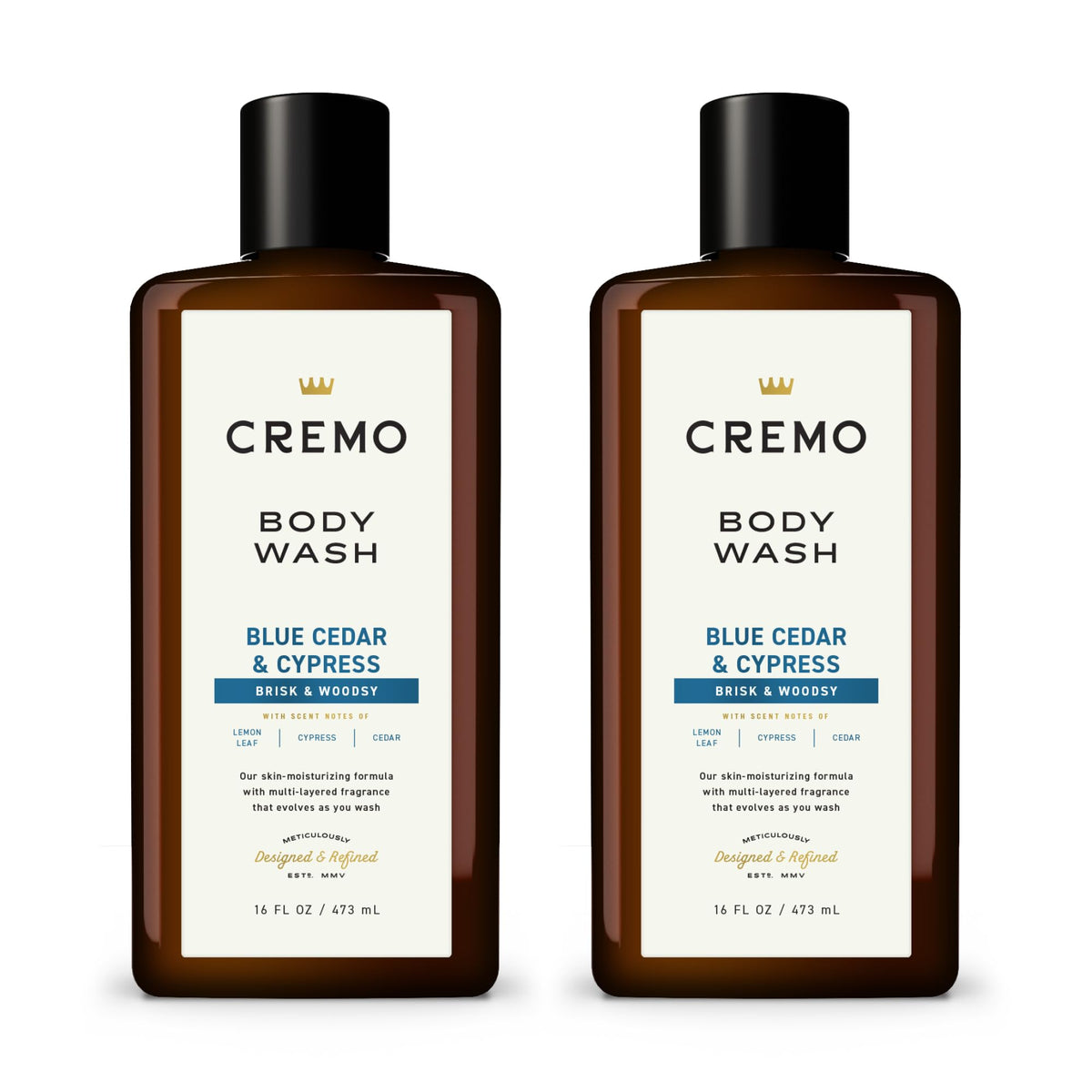Cremo: botella cedro azul visible, aroma vigorizante para la ducha.
