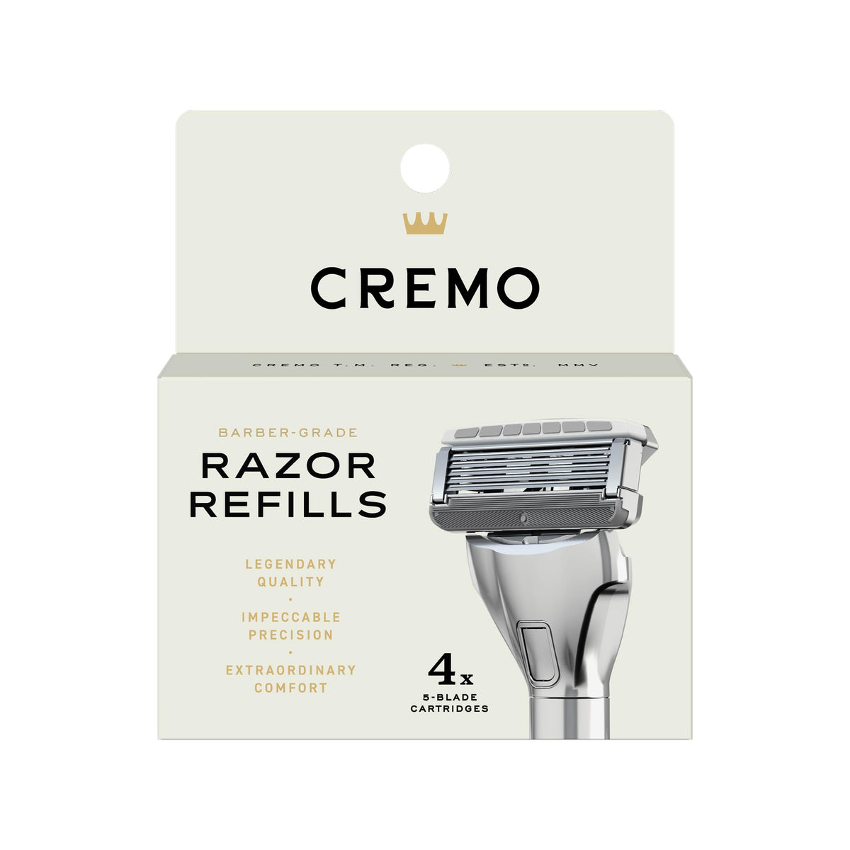 Cremo razor refill close-up with 5 diamond-coated blades for a close shave