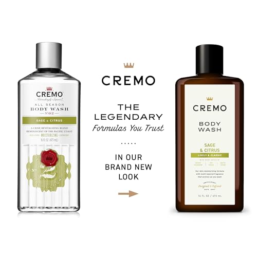 Cremo Rich-Lathering Sage & Citrus Body Wash packaging, highlighting all-season formula and nourishing marula oil.