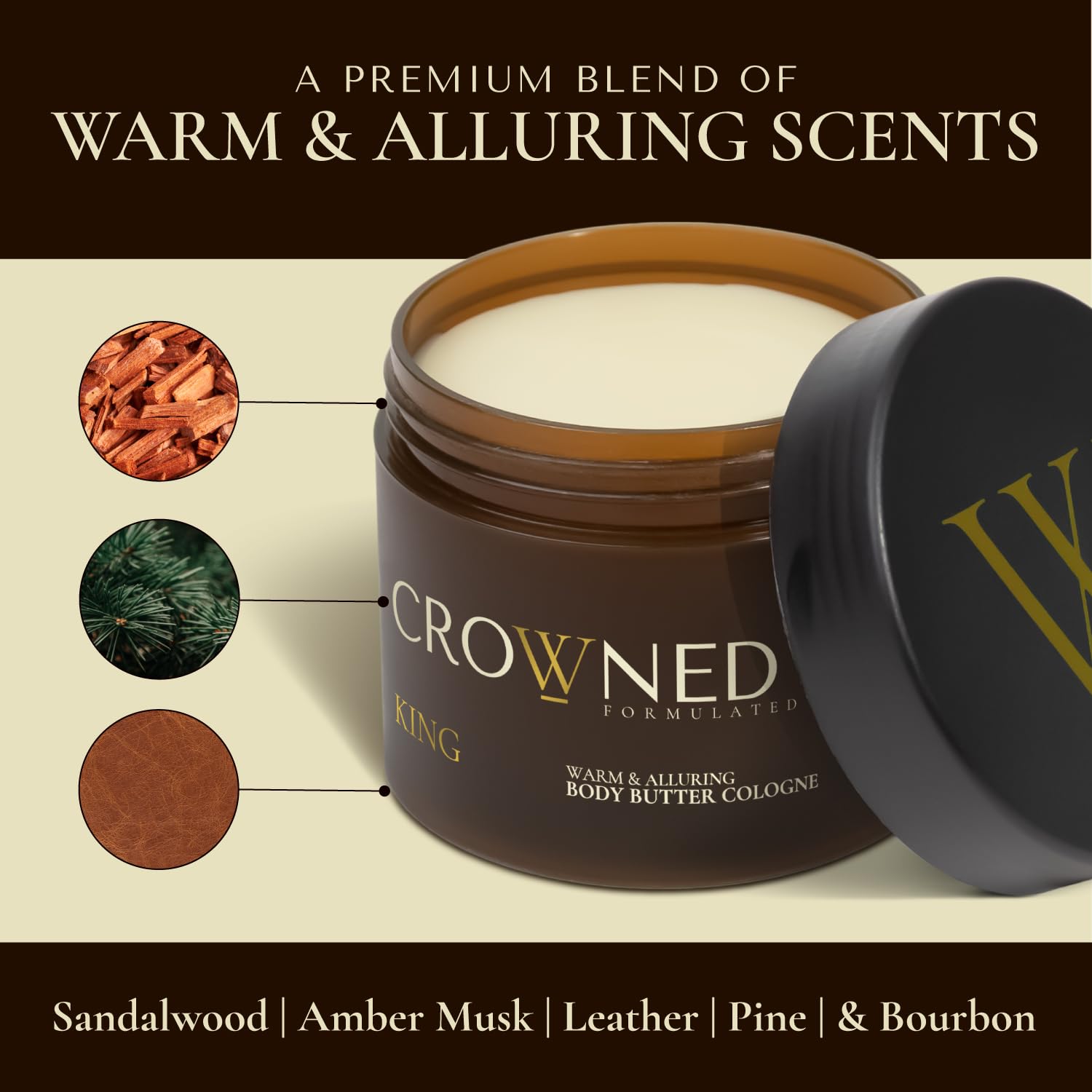 Crowned Skin King: aroma de sándalo y cuero para una sensación sensual.