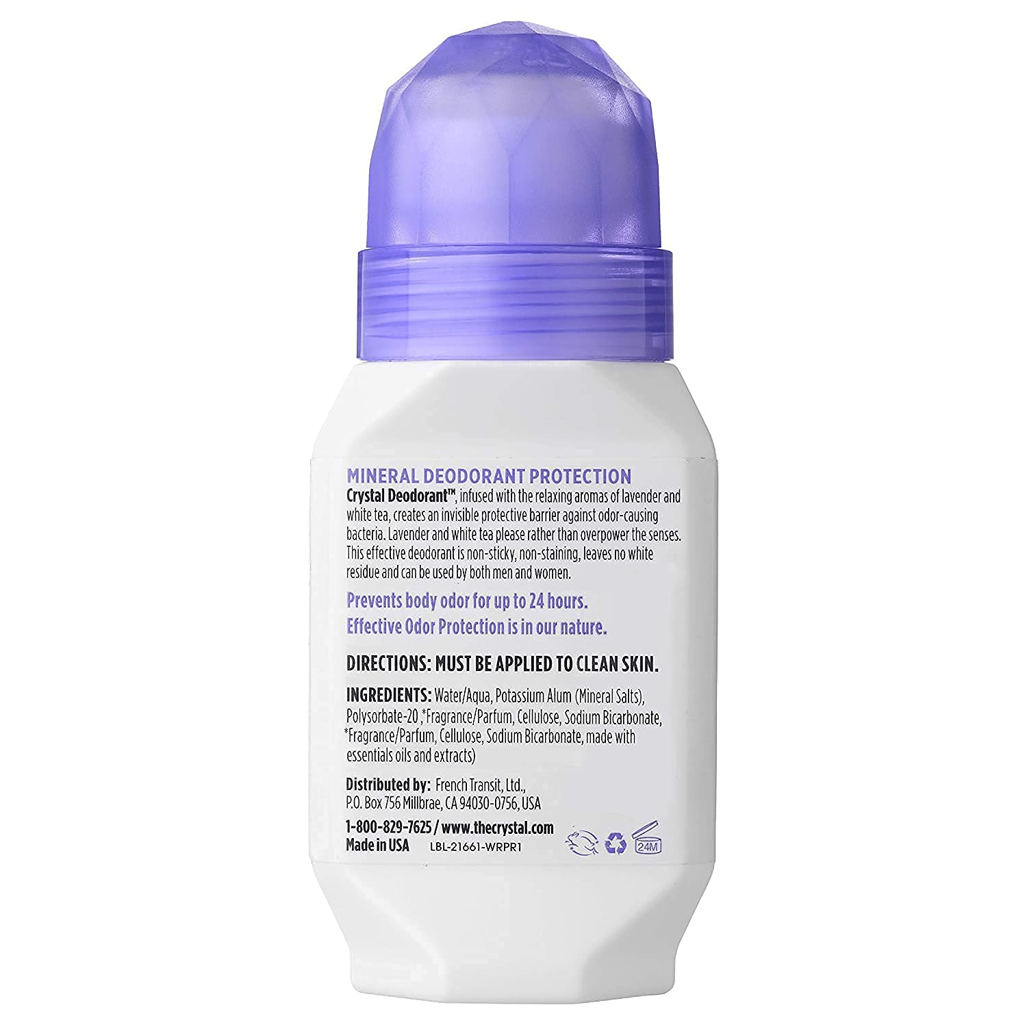 Crystal Essence desodorante mineral lavanda y té blanco: envase compacto para viajar.