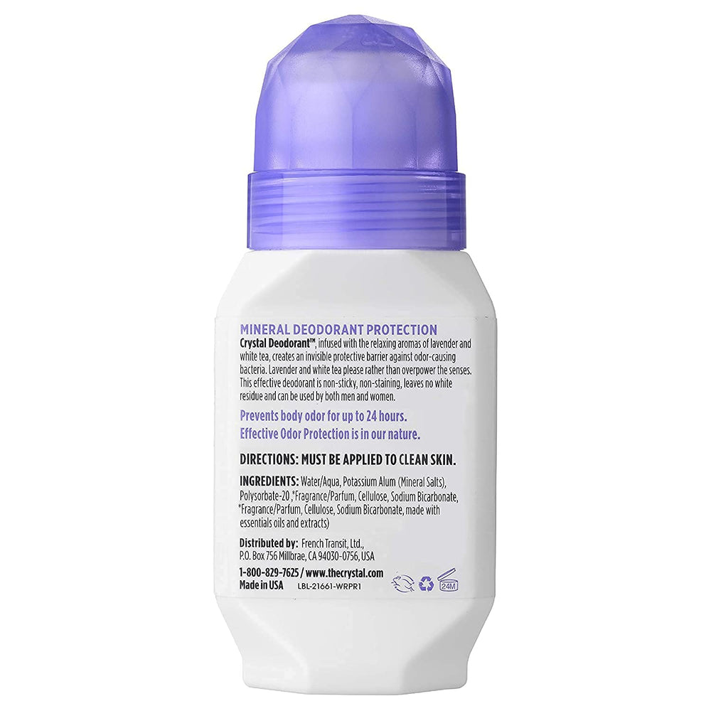 Crystal Essence desodorante mineral lavanda y té blanco: envase compacto para viajar.