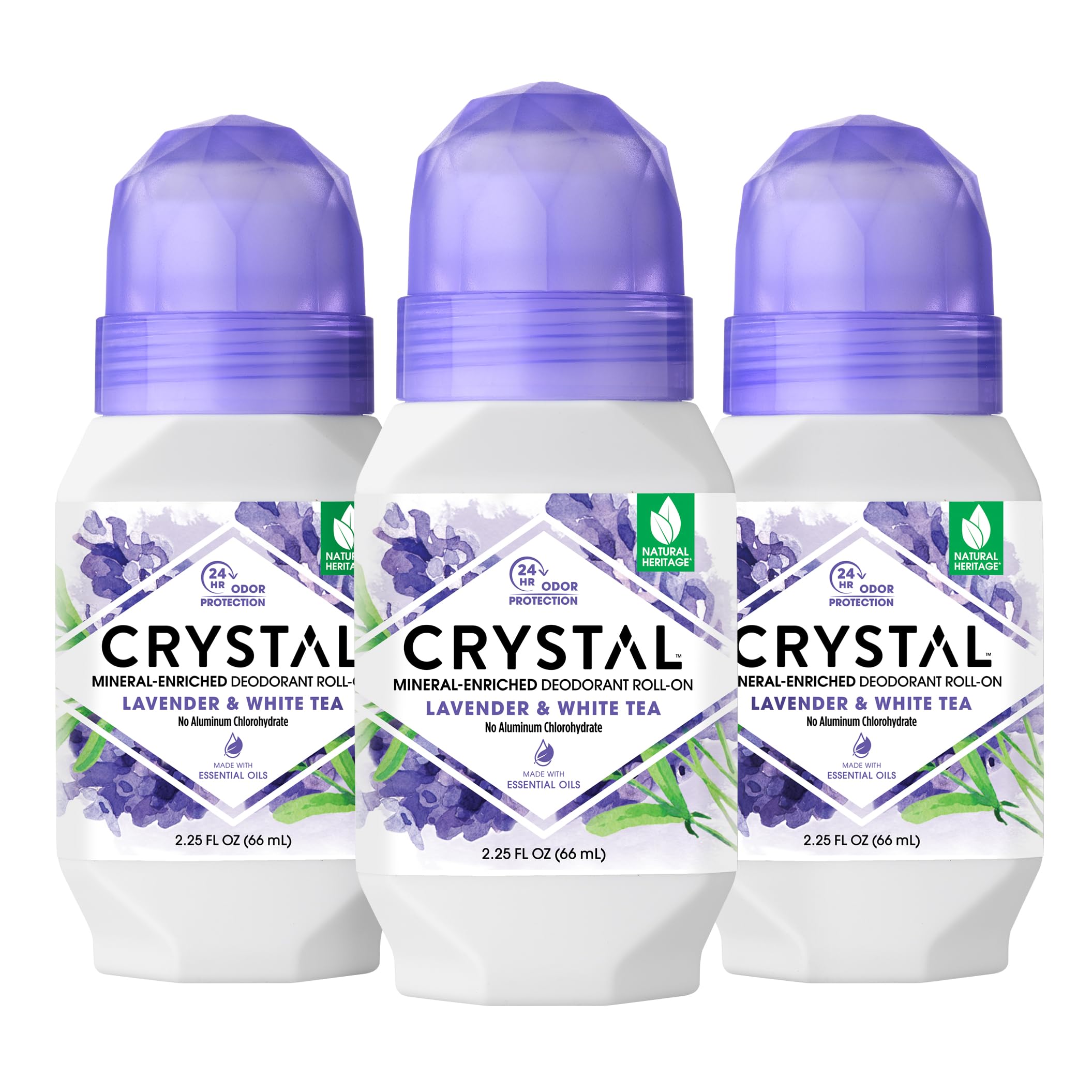 Desodorante mineral Crystal Essence en rodillo con lavanda y té blanco para uso diario.
