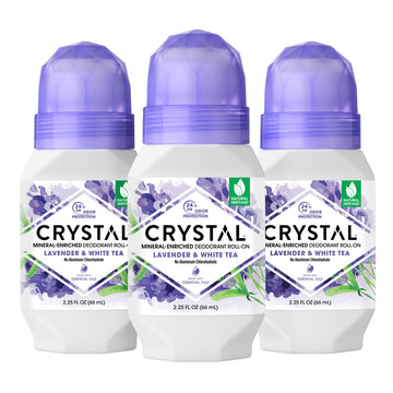 Desodorante mineral Crystal Essence en rodillo con lavanda y té blanco para uso diario.