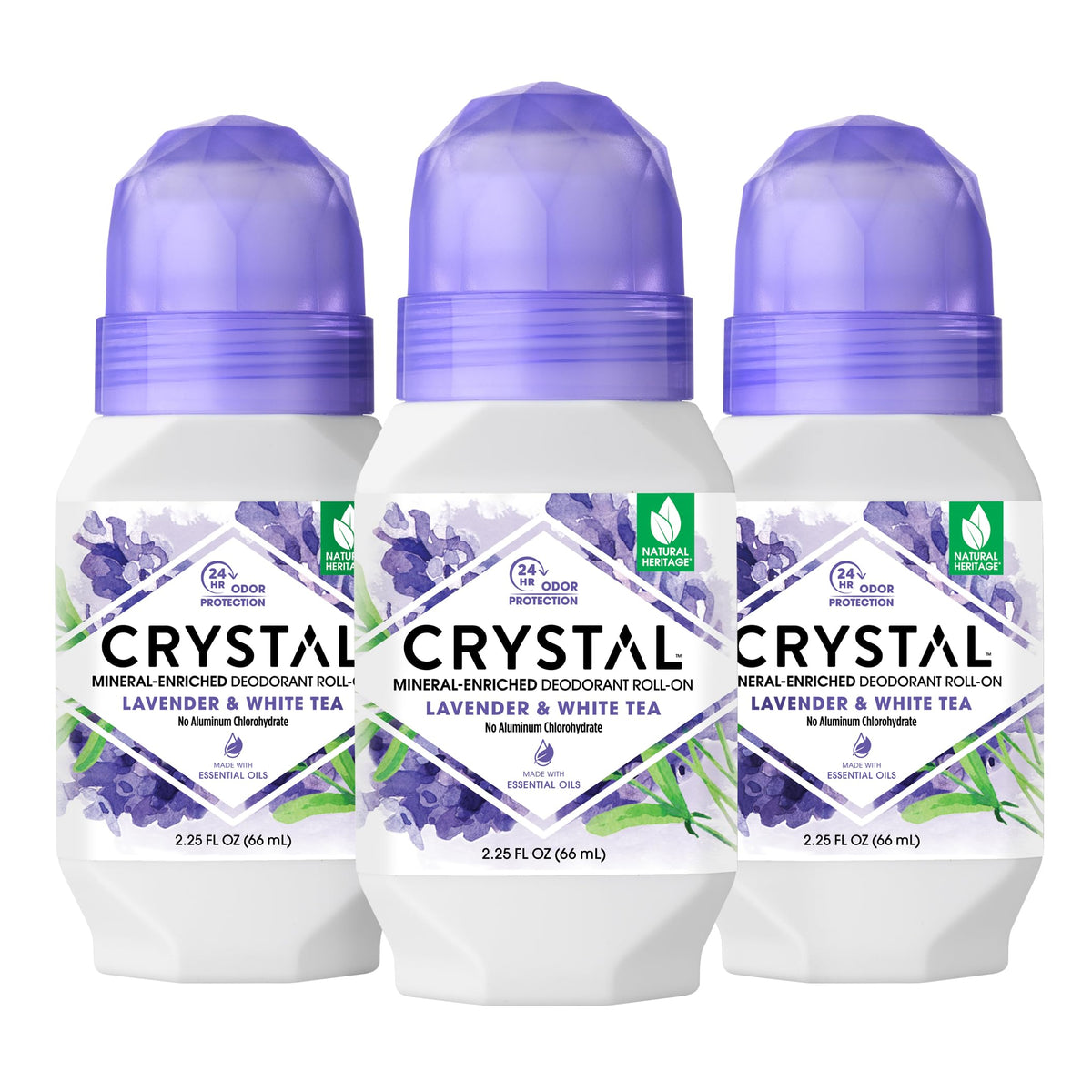 Desodorante mineral Crystal Essence en rodillo con lavanda y té blanco para uso diario.