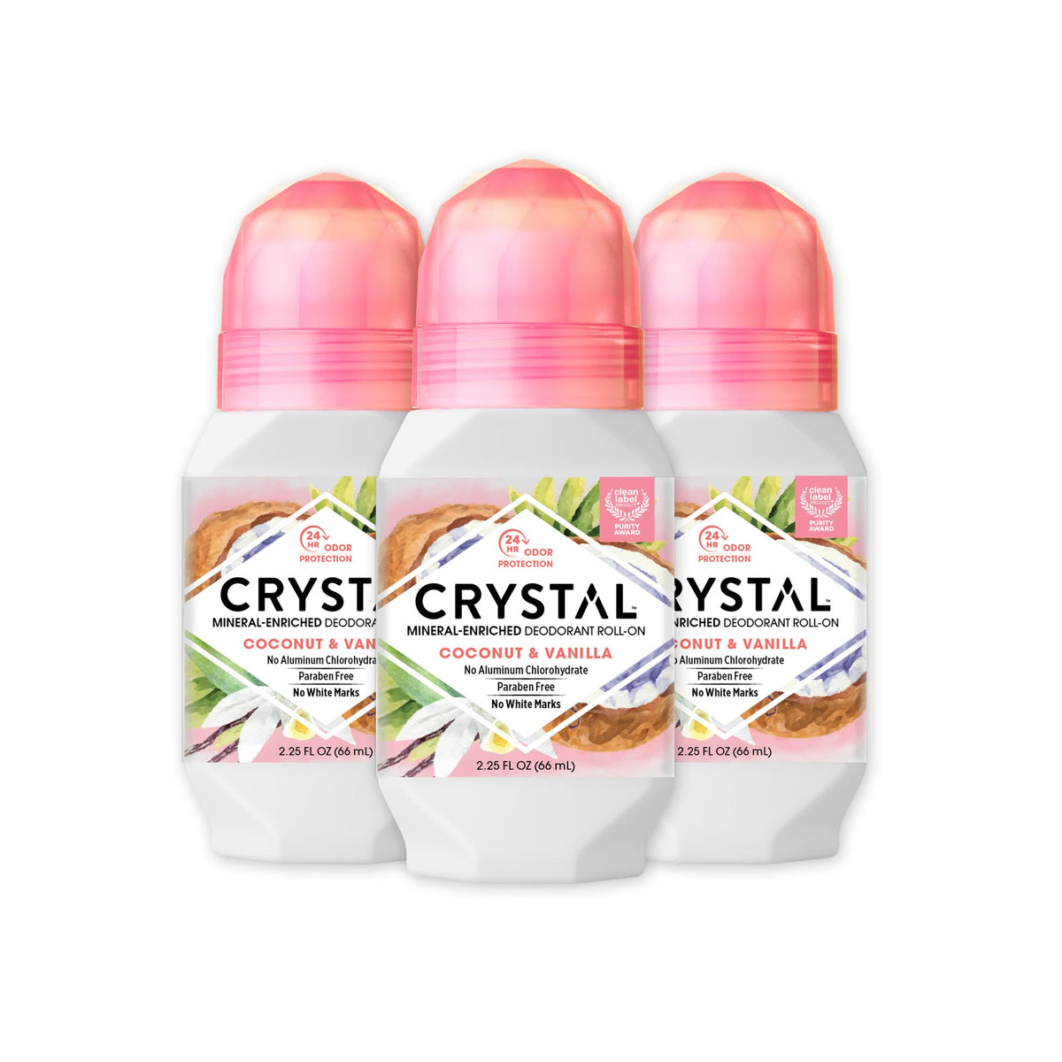Crystal Essence desodorante mineral roll-on Coco Vainilla en empaque 3 pack