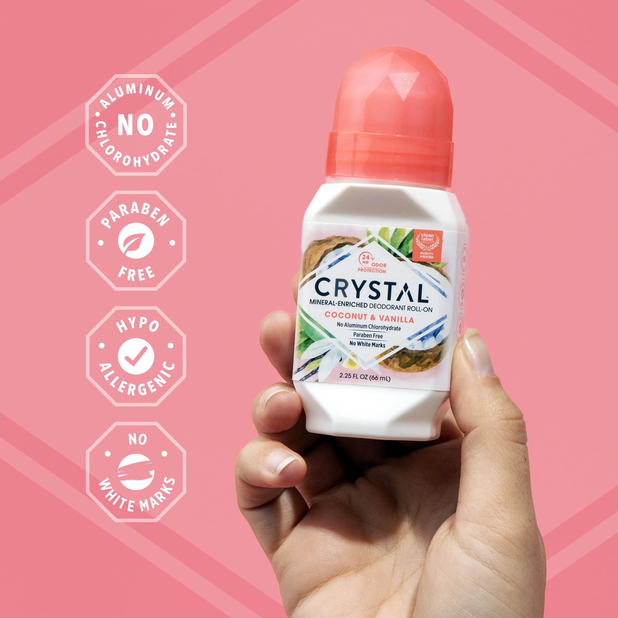 Crystal Essence desodorante mineral roll-on Coco Vainilla, etiqueta clara