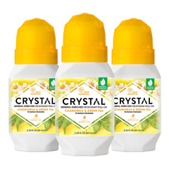 Crystal Essence desodorante mineral roll-on, embalaje 3pack, opción práctica para consumo familiar.