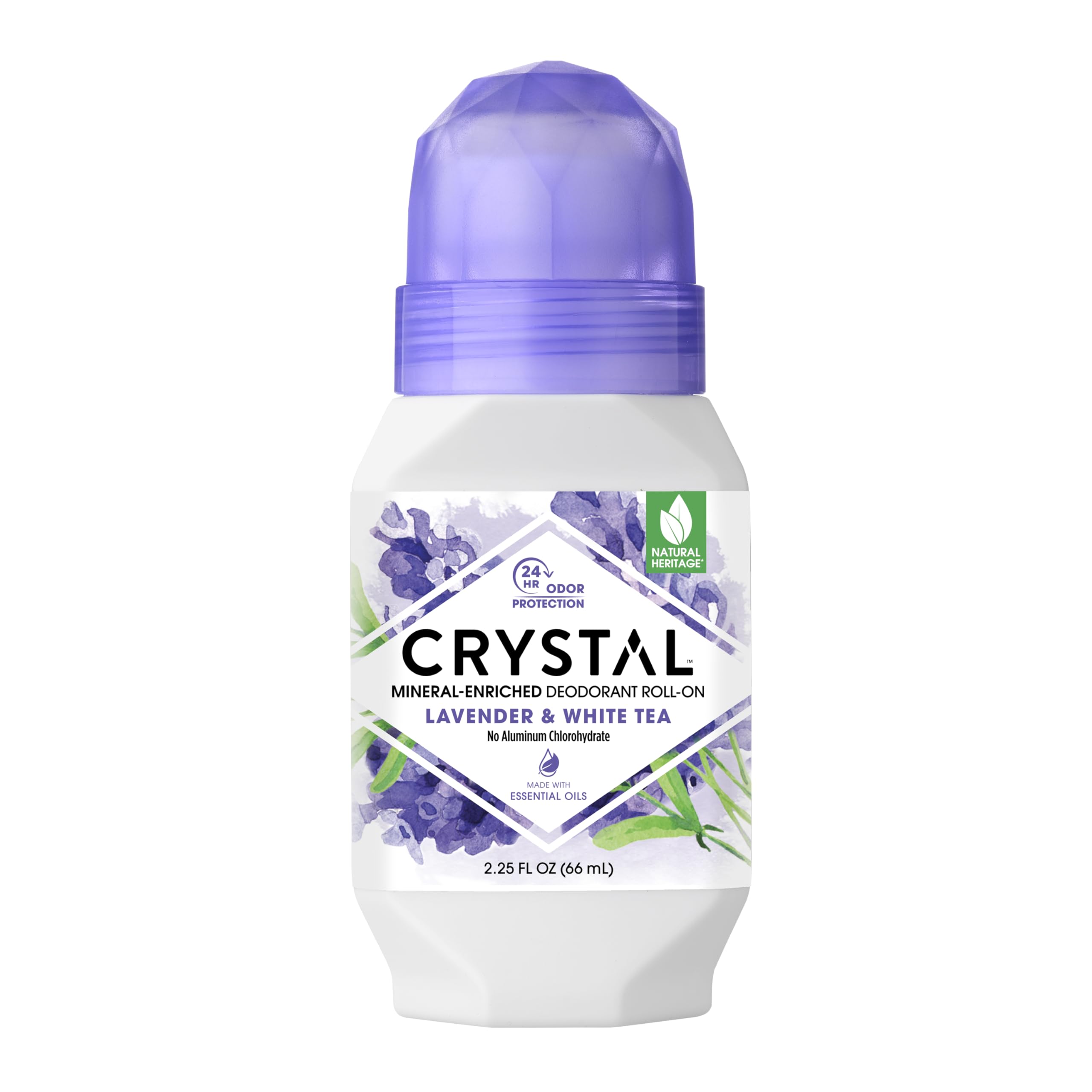 Crystal Essence desodorante mineral Roll-On Lavanda y Té Blanco en botella morada para uso diario