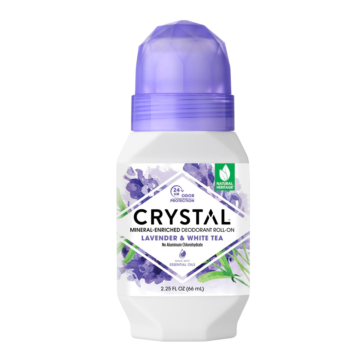 Crystal Essence desodorante mineral Roll-On Lavanda y Té Blanco en botella morada para uso diario