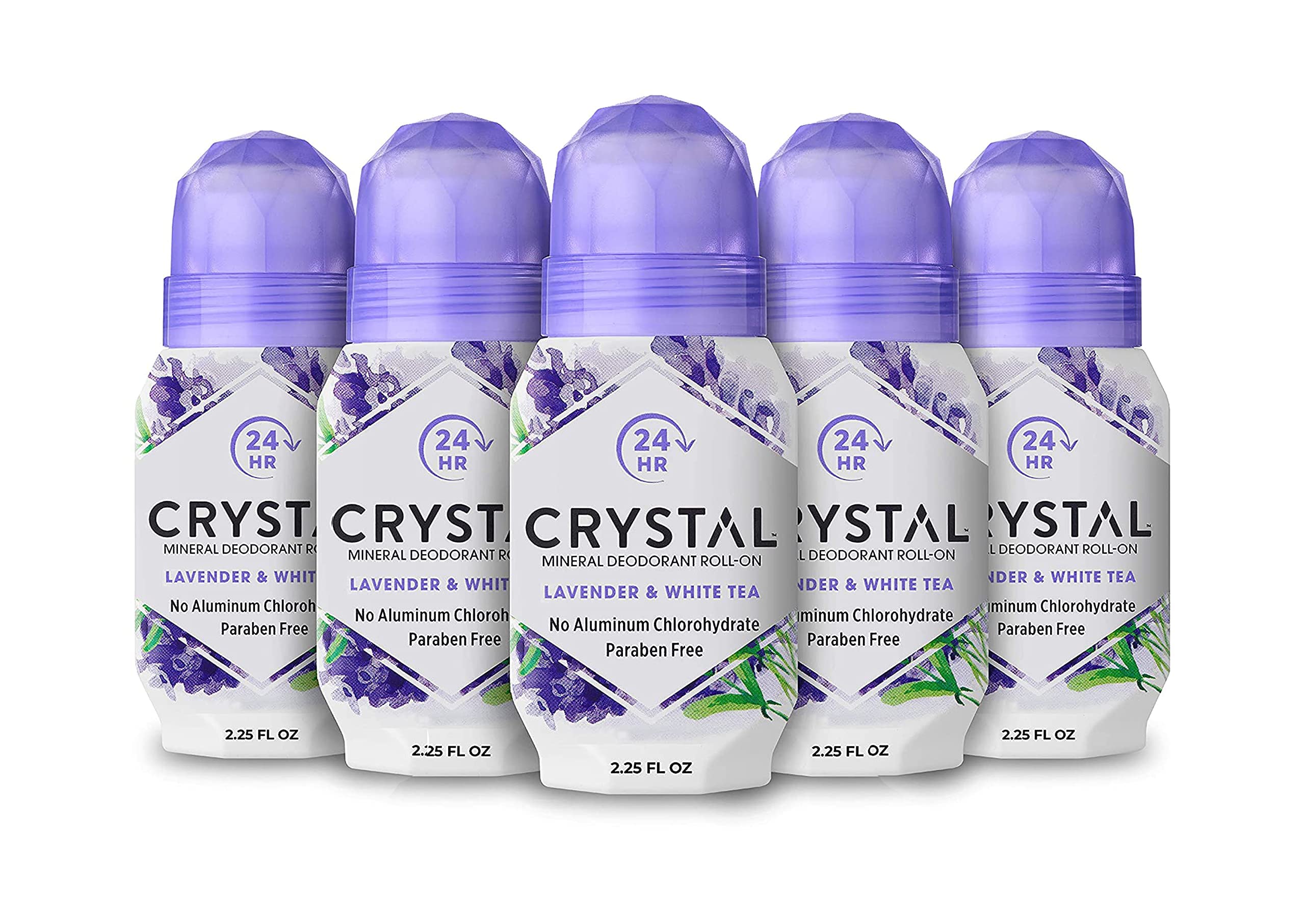 Crystal Essence desodorante mineral roll-on lavanda y té blanco: botella para uso diario con aroma suave.