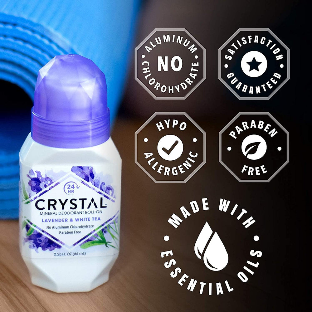 Crystal Essence mineral roll-on lavanda y té blanco: textura ligera que se aplica fácilmente.