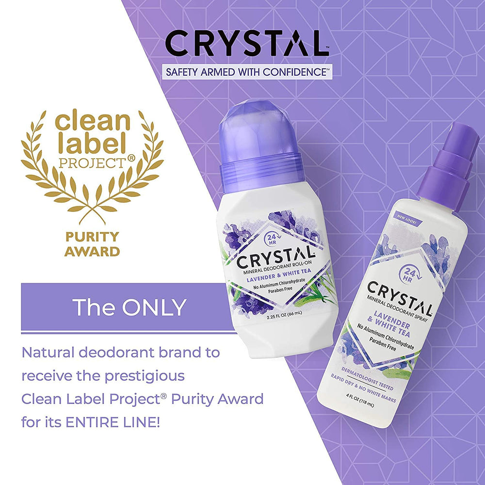 Crystal Essence roll-on lavanda té blanco: protección invisible para bloquear olores temprano.