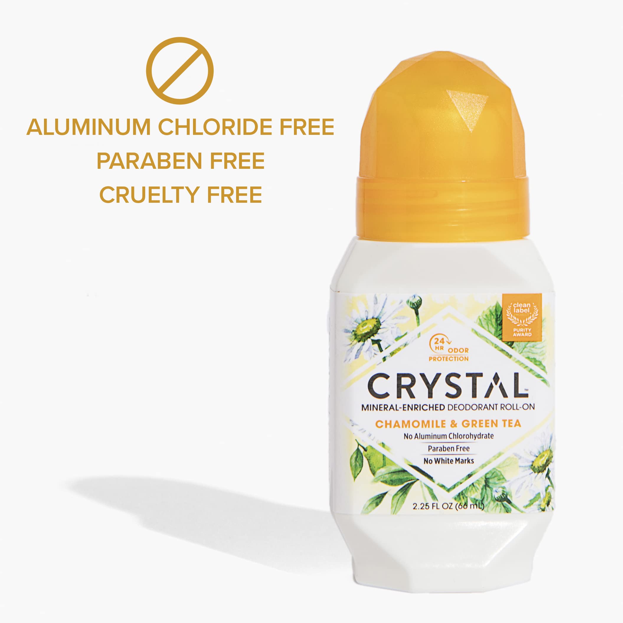 Crystal Essence desodorante mineral roll-on, manzanilla y té verde para una sensación calmante.
