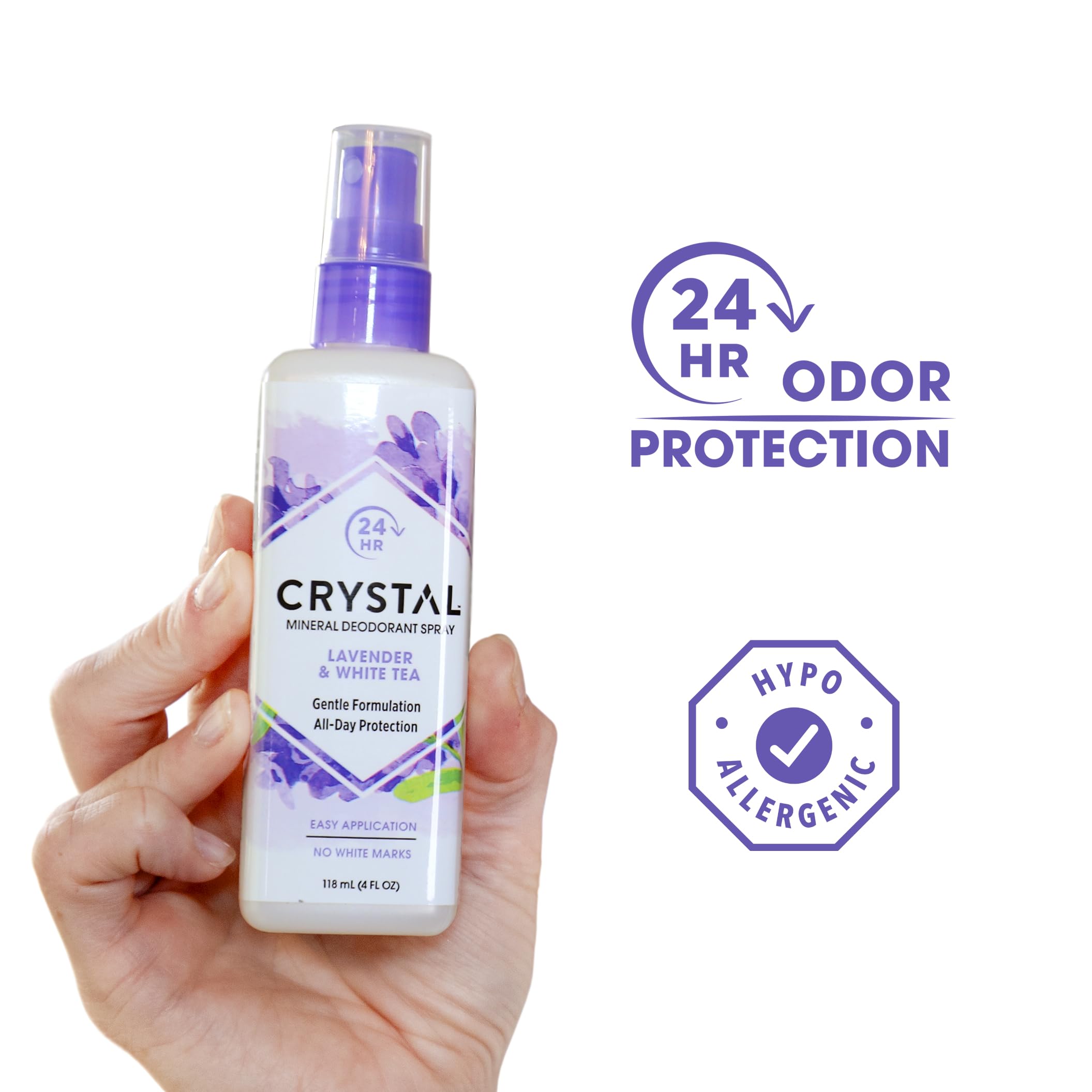 Crystal Essence desodorante mineral spray, etiqueta con lavanda y té blanco para uso diario.