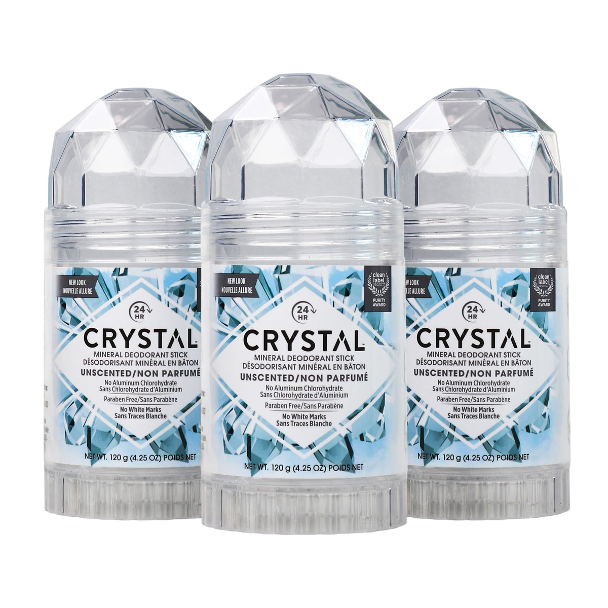 Crystal Essence desodorante mineral sin fragancia en paquete triple para uso diario