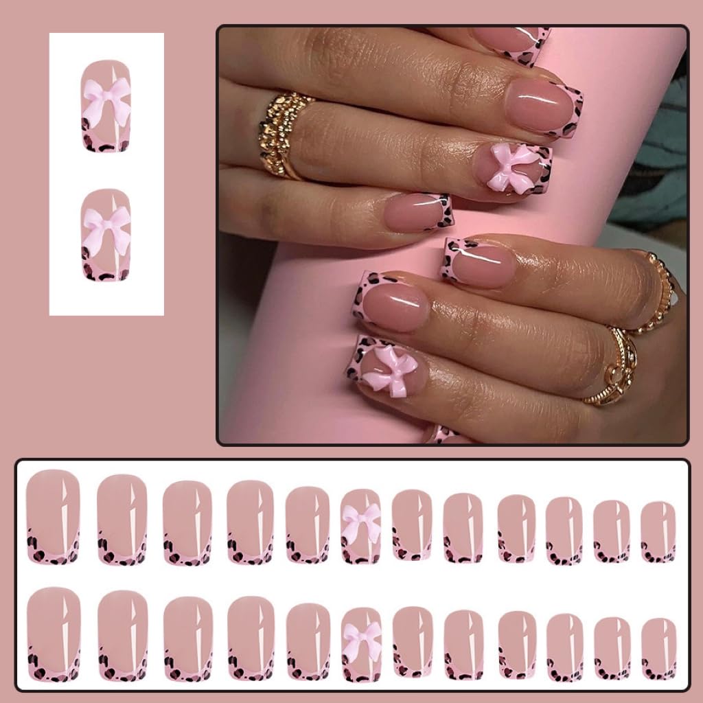 CTTHNBD contenido: 24 uñas cortas cuadradas con lazo rosa para looks prácticos