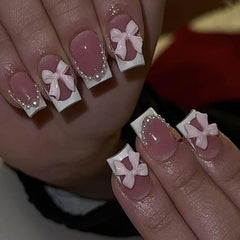 CTTHNBD Uñas cuadradas Frances blanco con lazo perla, look diario