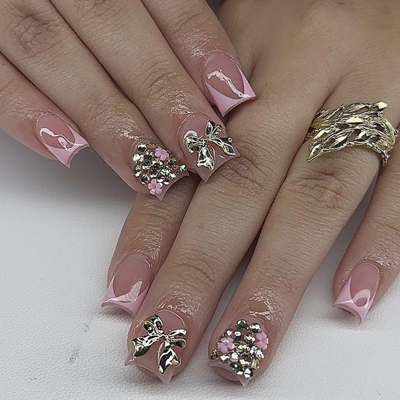 CTTHNBD uñas postizas rosa frances cuadradas con lazo 3D para un look elegante.