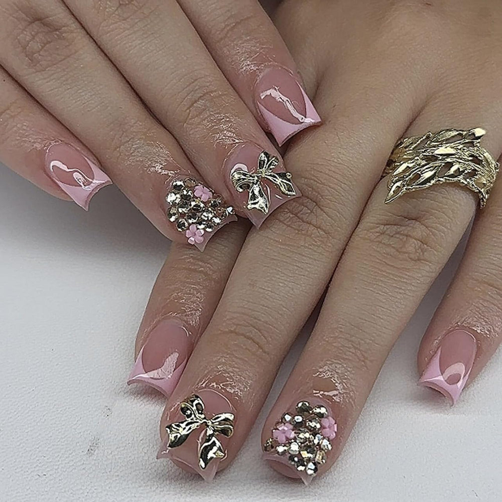 CTTHNBD uñas postizas rosa frances cuadradas con lazo 3D para un look elegante.