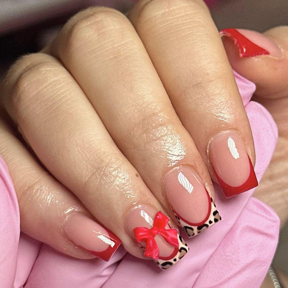 CTTHNBD uñas postizas rojas leopard cuadradas, perfecto estilo festivo sin salón
