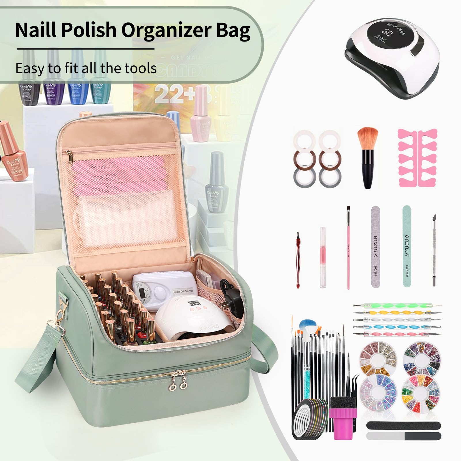 Cubetastic organizador esmaltes con correa ajustable para viaje cómodo.