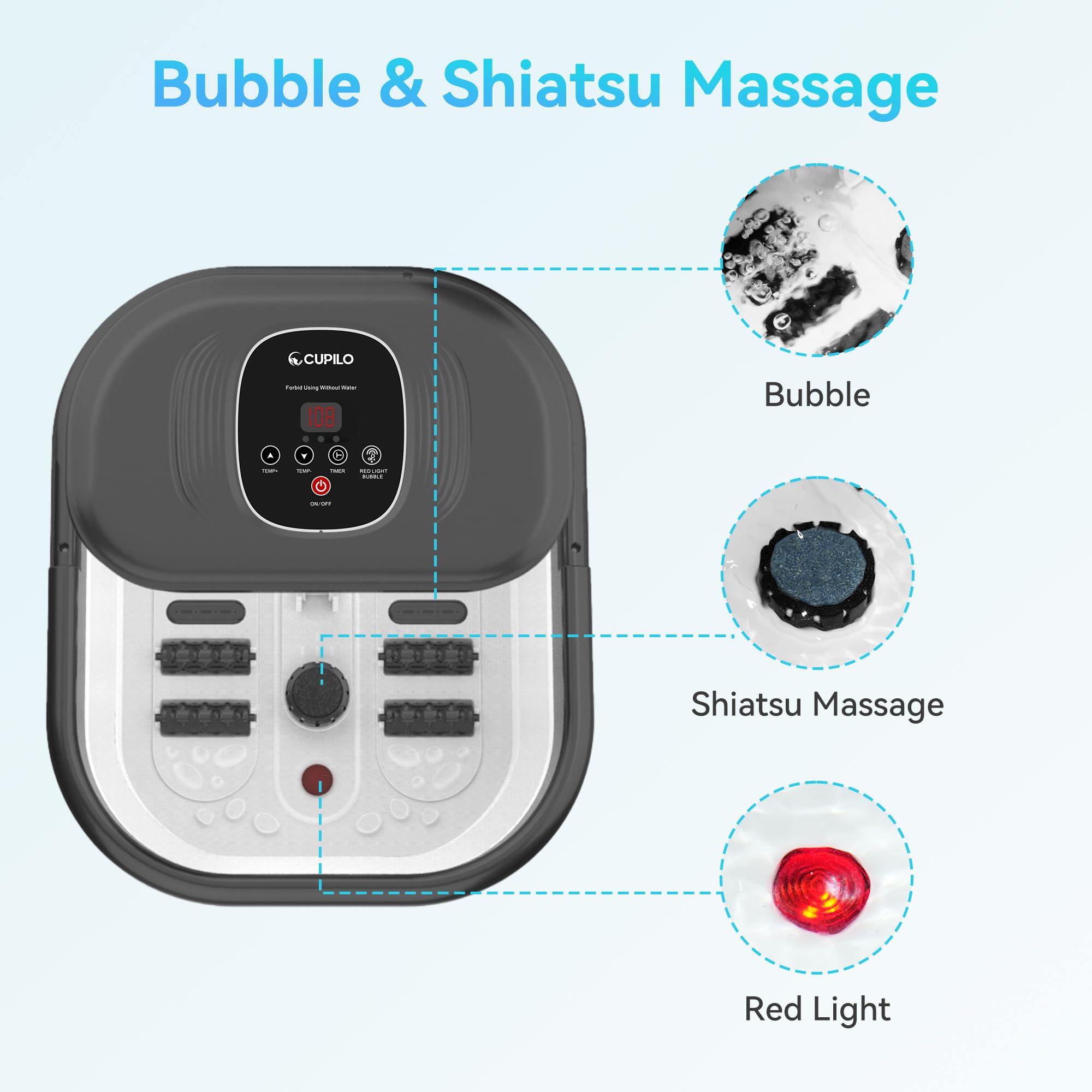 CuPiLo spa para pies con rodillos shiatsu para aliviar tensiones en plantas y arcos.