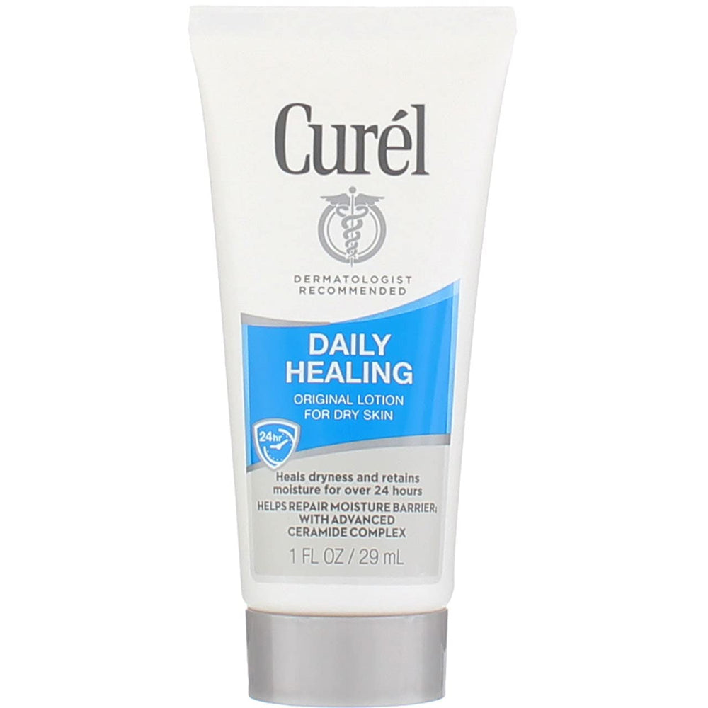 Loción Curel Daily Healing Original en envase portátil para bolso, para retoques durante el día.