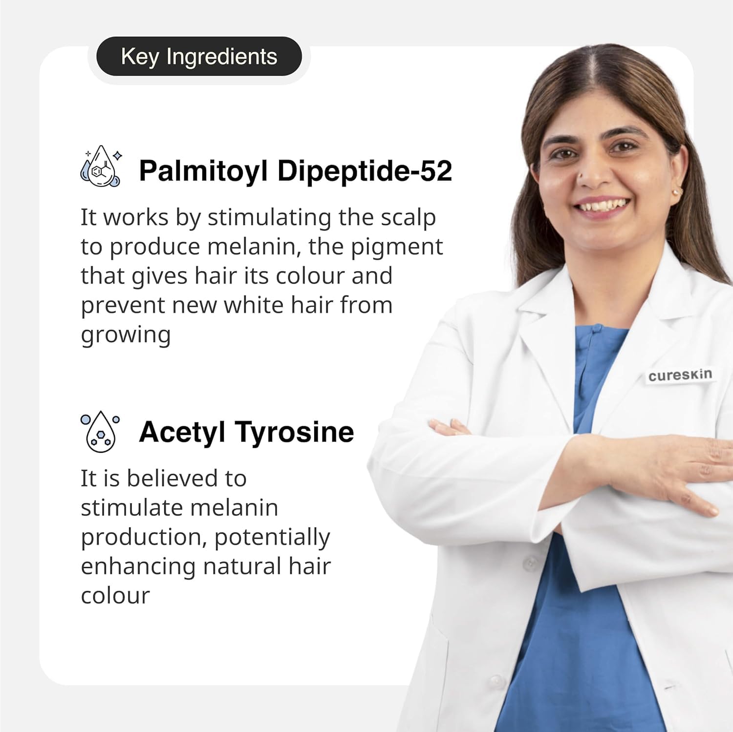 Cureskin acétyl-tyrosine-cheveux: pigmentage progressif et soin nourrissant.