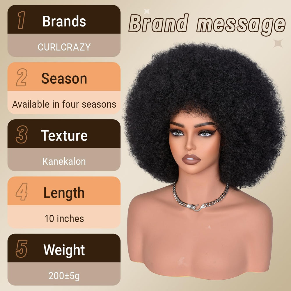 CURLCRAZY Afro Wig cabello sintético para cosplay, look 70s con textura realista