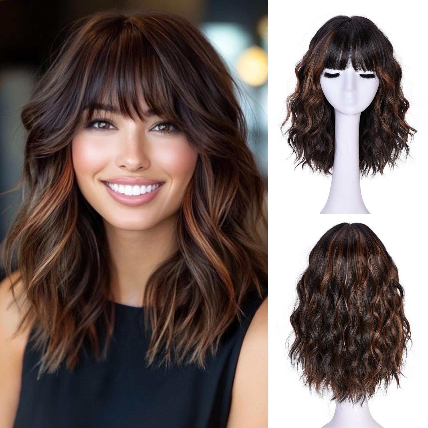 CURLCRAZY short wavy wig with bangs in Brown Highlight for easy daily styling