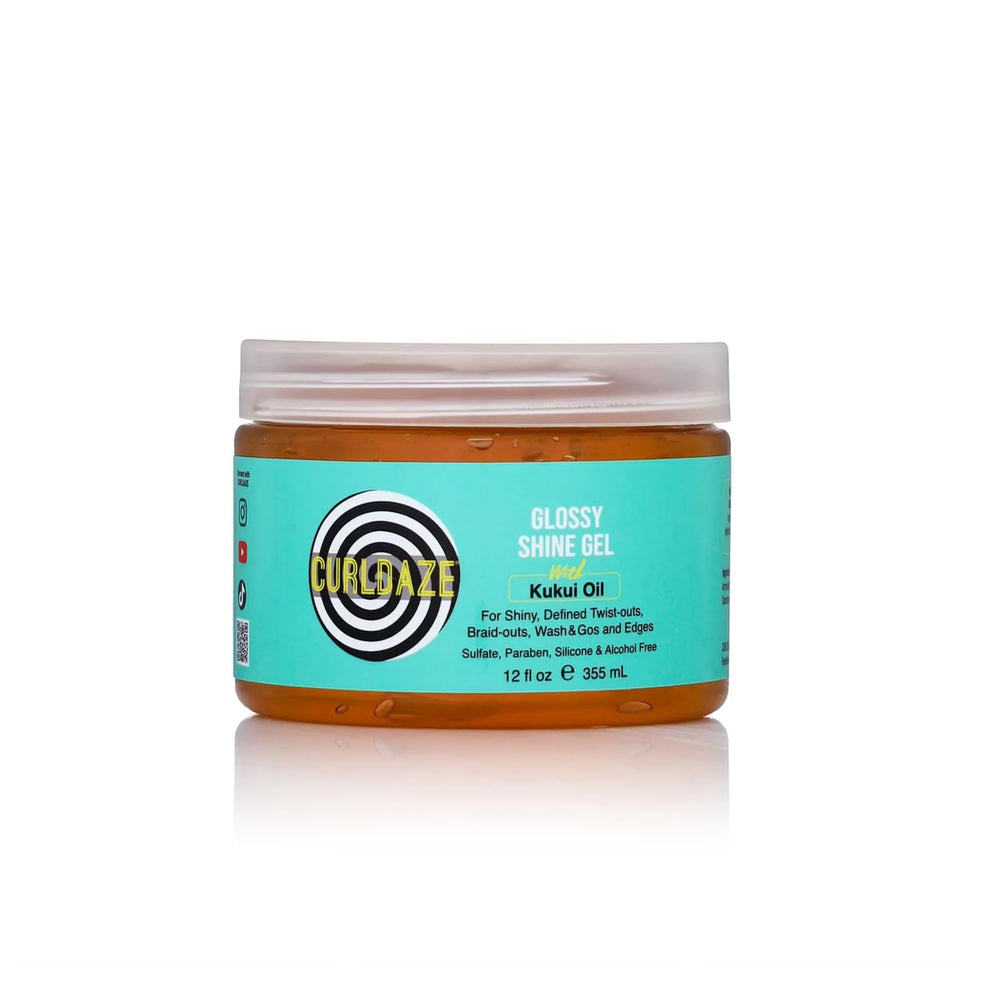 Curldaze Glossy Shine Gel bottle pour enabling easy application for defined curls.