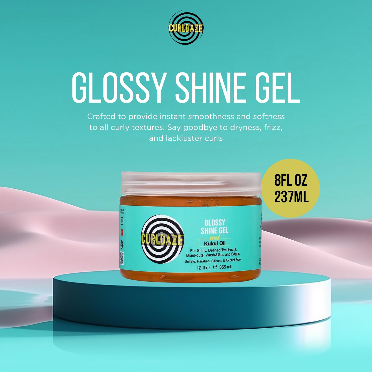 Curldaze Glossy Shine Gel defines curls with a soft, glossy finish.