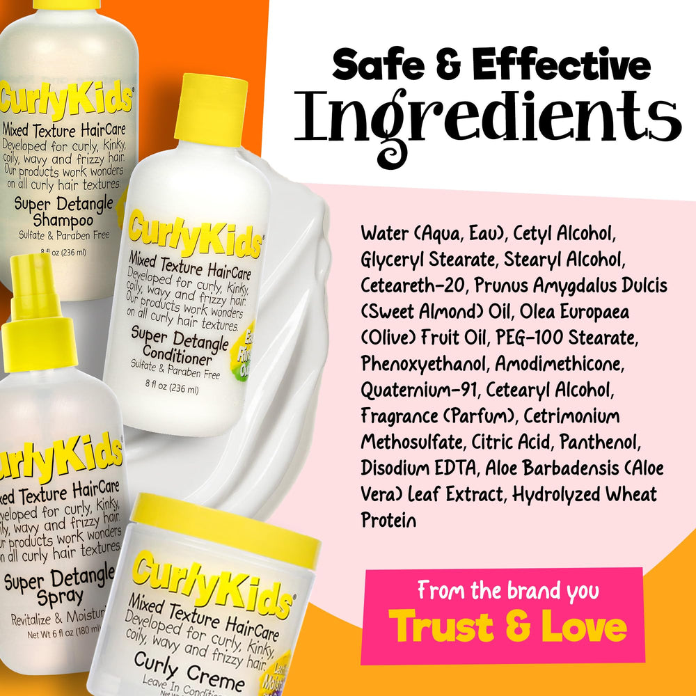 Rizos más brillantes y saludables con CurlyKids crema leave-in para uso diario.