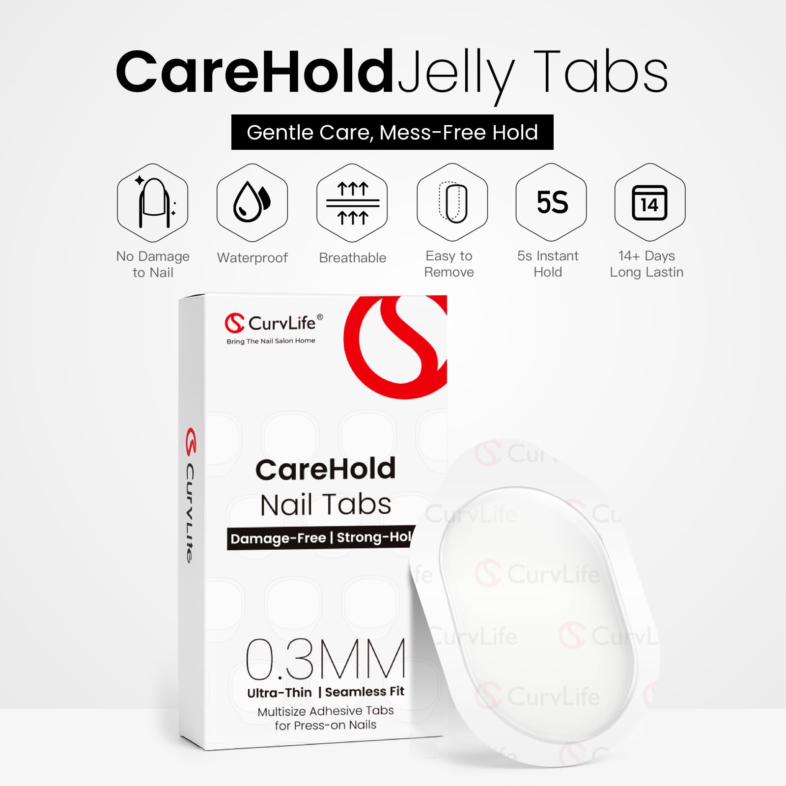 CurvLife CareHold Pro tiras transparentes 0,3 mm para fijación suave y discreta.