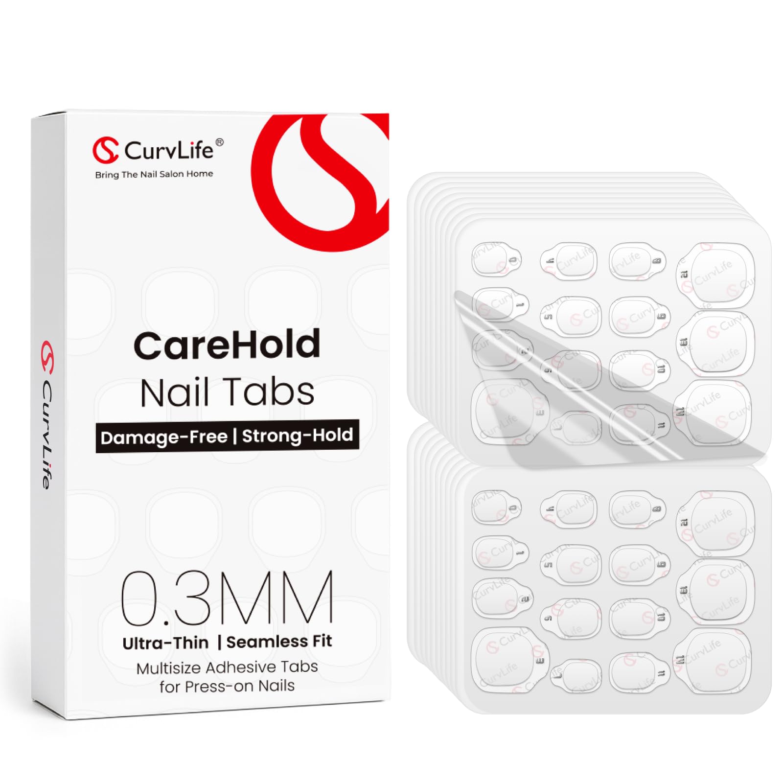 CurvLife CareHold Pro tiras XL para uñas con cobertura amplia y acabado natural.