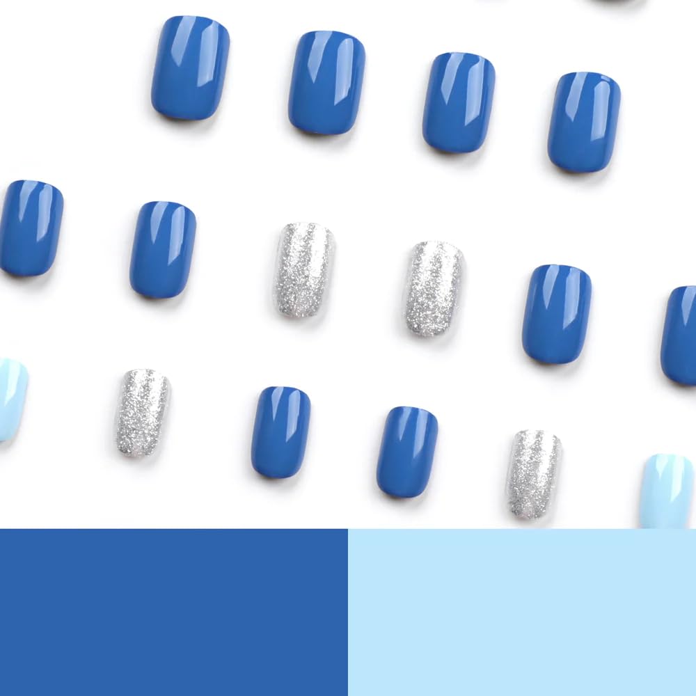 Curvlife uñas pegables con diseño francés azul océano, ideales para eventos.