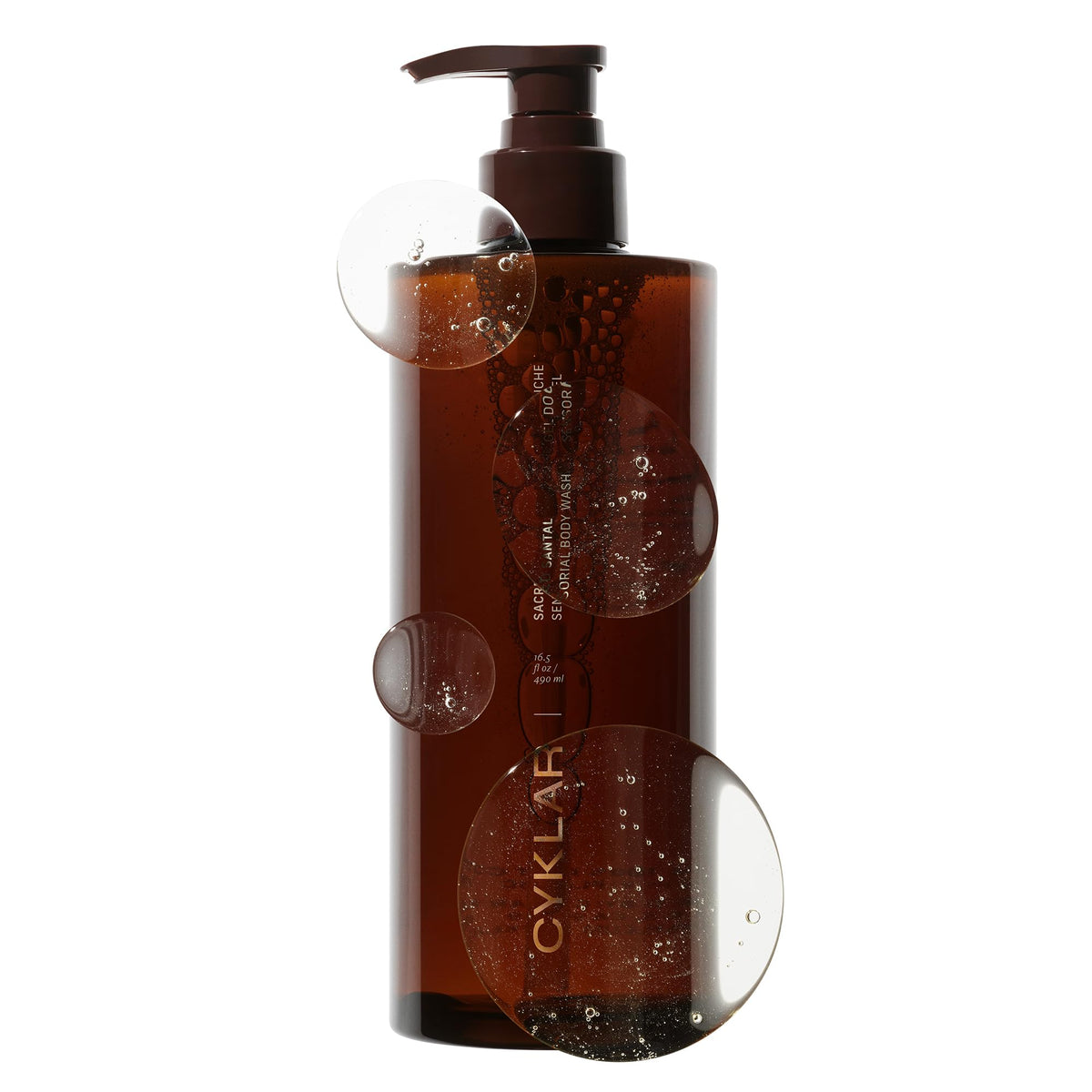 CYKLAR limpiador corporal sensorial Sacred Santal, botella elegante para ritual de ducha