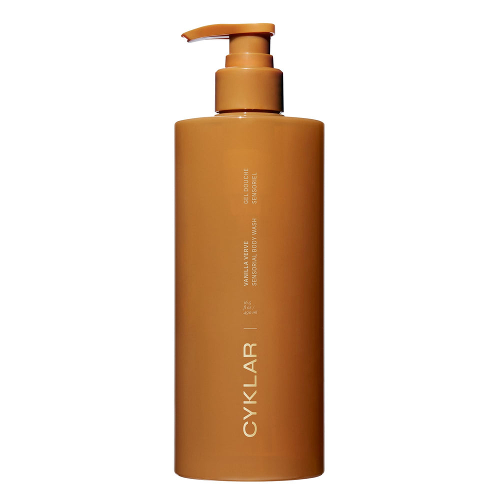 CYKLAR Sensorial Body Wash con Vanilla Verve en botella, hidratación duradera para la piel.