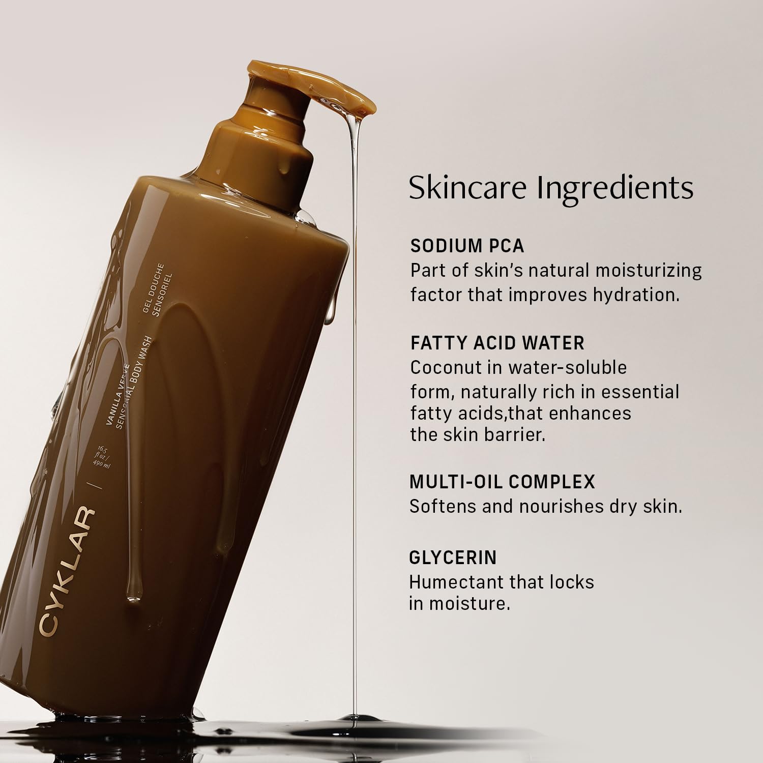 CYKLAR Sensorial Body Wash envase de 16.5 oz para duchas largas.