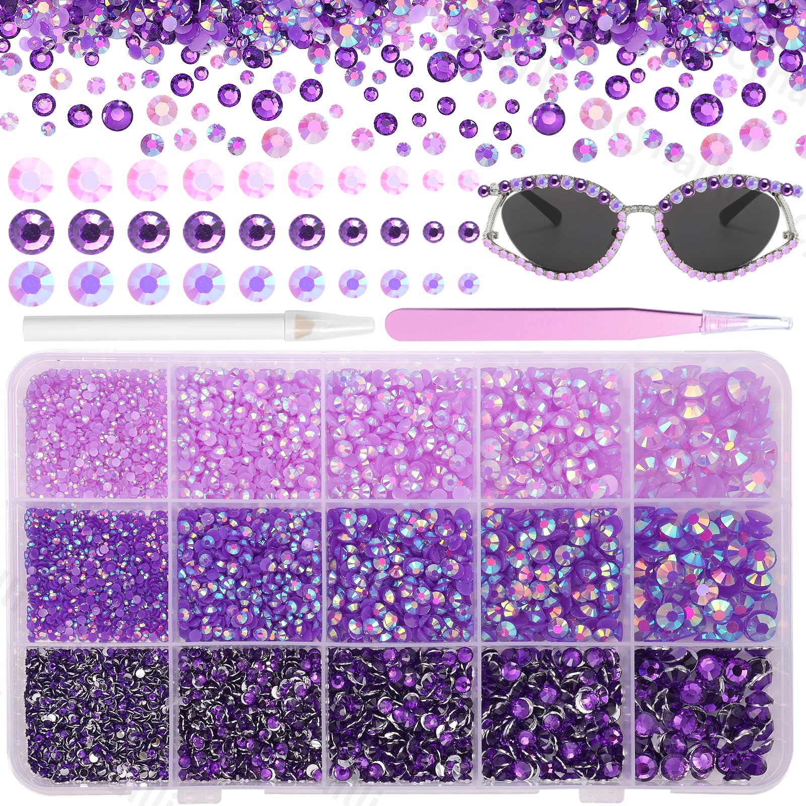 Cynailli caja con 15 rejillas de piedras de resina moradas para decoración creativa.