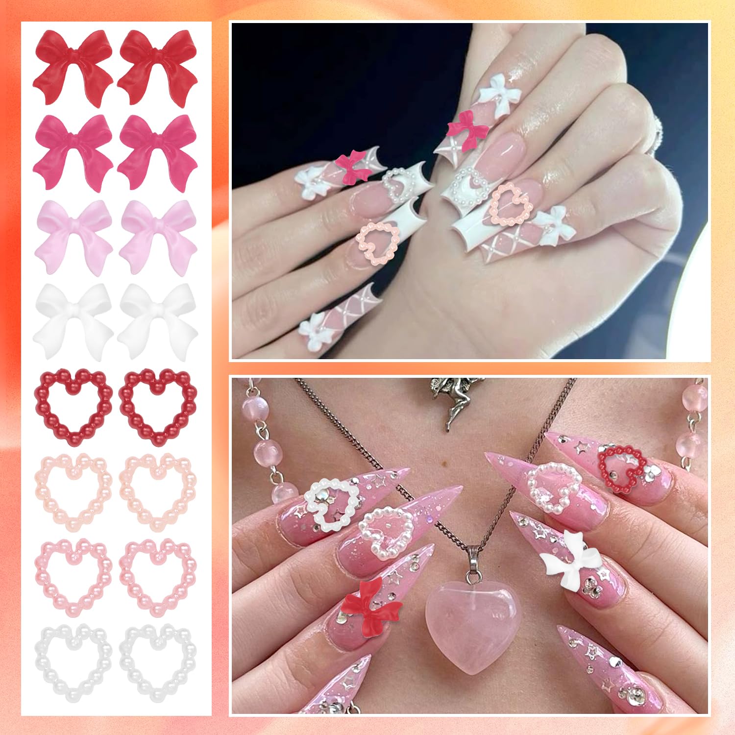 Adornos 3D de corazón y lazo para uñas elegantes