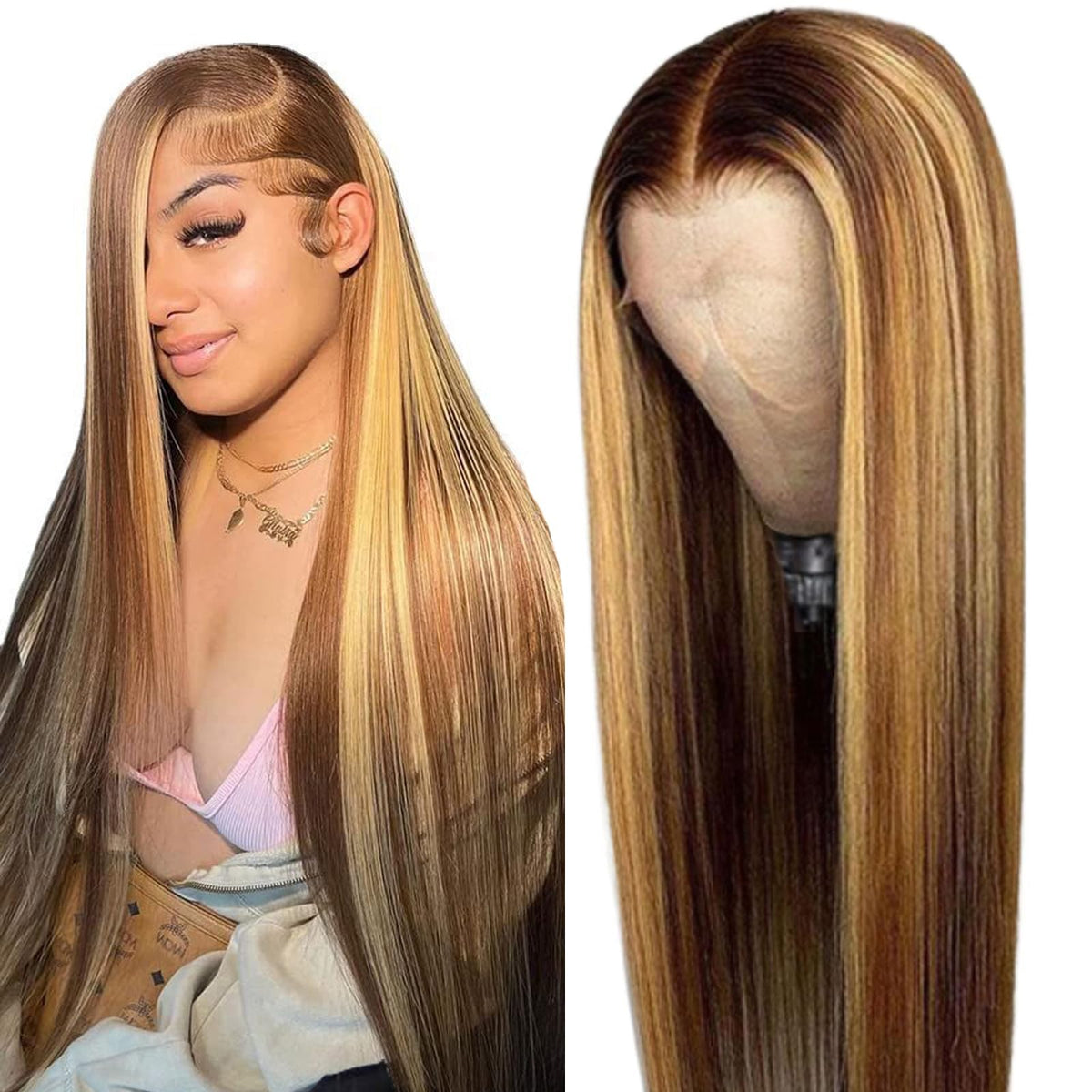 Cypha Ombre lace front wig 28in blends naturally with skin tone.