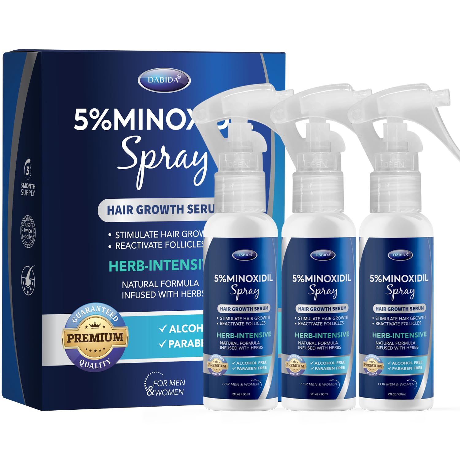 DABIDA Minoxidil spray botella 60ml para densificar el cabello.
