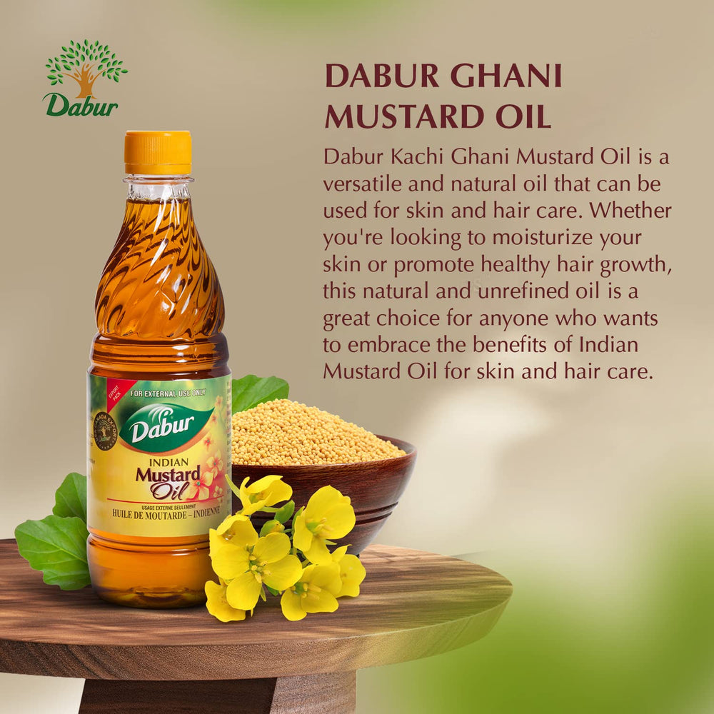 Dabur Kachi Ghani Aceite de Mostaza aplicado en piel para nutrición y tono uniforme
