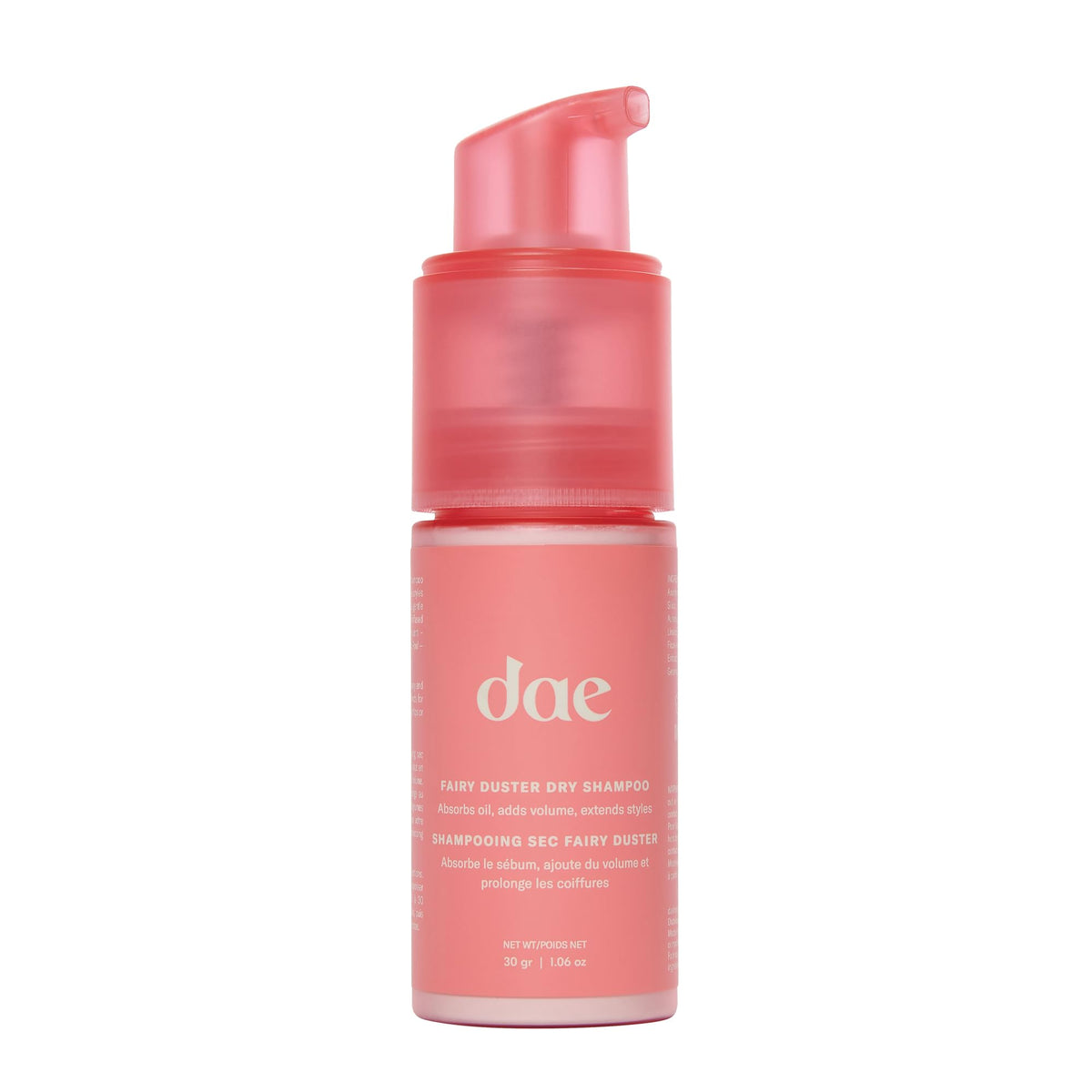 DAE Fairy Duster, envase compacto, polvo seco listo para uso diario sin aerosol.